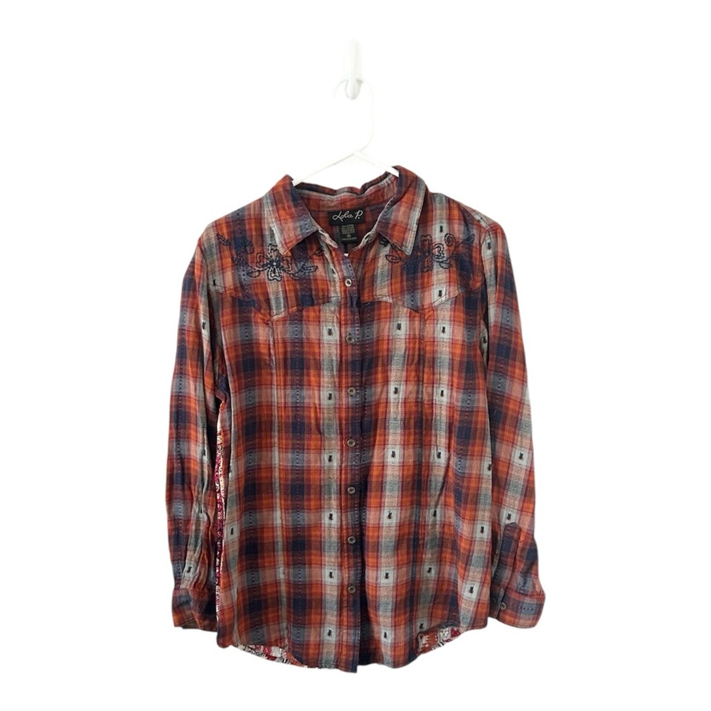 Anthropologie Lola P. Western Mixed Media Embroidered Plaid Button Front Shirt‎